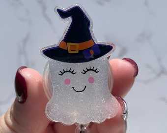 Glitter Witch Ghost Badge Reel, Halloween Name Tag Holder