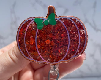 Pumpkin Glitter Badge Reel, Fall Halloween ID Holder