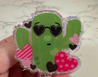 Cute Cactus Badge Reel with Heart Sunglasses | Glittery Nurse Badge Holder | Gift for Her