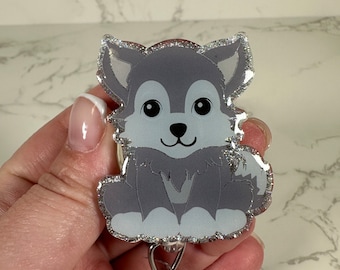 Sitting Wolf Badge Reel, Glitter Animal ID Holder