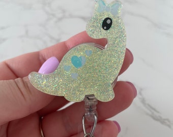 Handmade Brontosaurus Badge Reel, Glitter Dinosaur Retractable ID Holder
