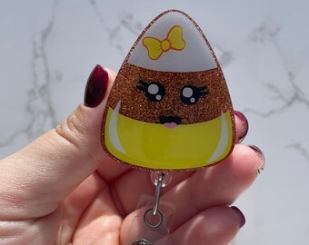 Candy Corn Badge Reel, Cute Halloween Name Tag Holder, Handmade Glitter Acrylic