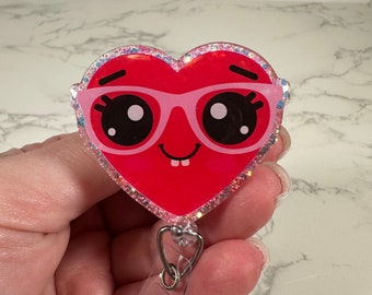 Heart with Glasses Badge Reel, Glitter Resin Handmade Valentine's Day