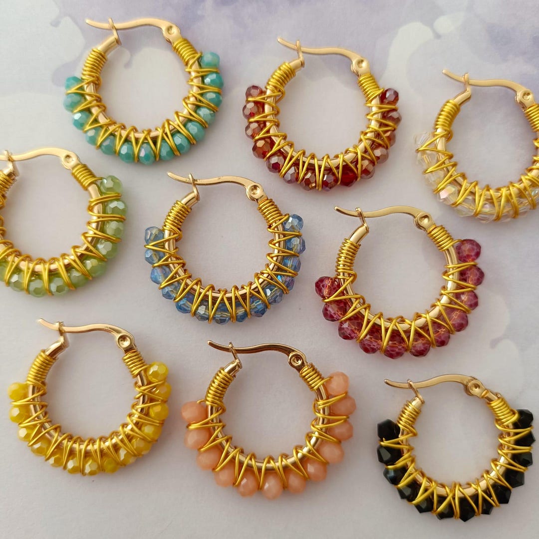 Handmade Mini Colorful Beaded Hoop Earrings | Sparkly Glass Bead Hoops ...