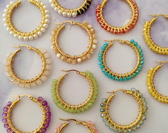 Hand Embroidered Stainless Steel Hoop Earrings | Colorful Crystal & Pearl Statement Earrings