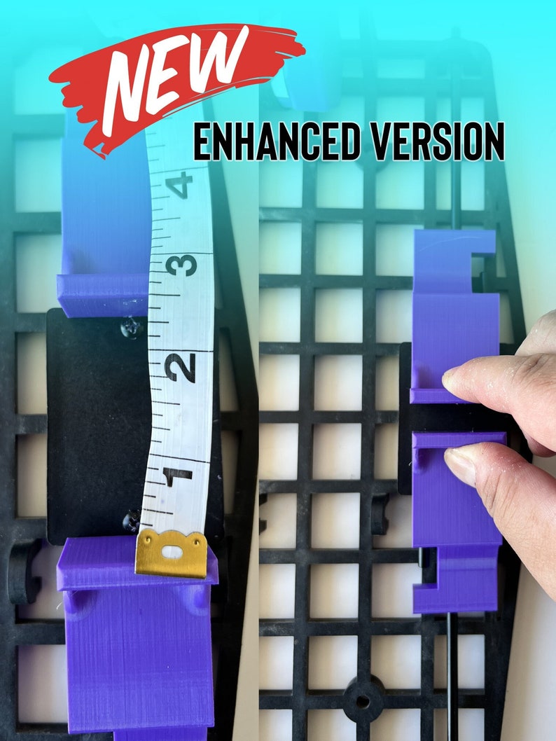 May include: New enhanced version of a purple plastic measuring tool with a tape measure attached. The tool is designed to measure the height of objects. The tool is sitting on a black grid.