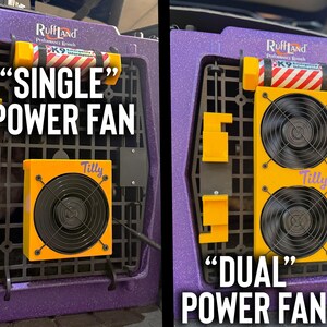 Side-by-side comparison of single and dual dog crate fans installed on a purple Ruffland Performance Kennel. Both fans feature custard yellow 3D-printed housings personalized with the name “Tilly” and securely mounted using bolt-on hardware. The single fan offers compact airflow, while the dual fan provides increased ventilation for pets during travel or daily crate use. Ideal for showcasing airflow options for dog crate cooling systems.