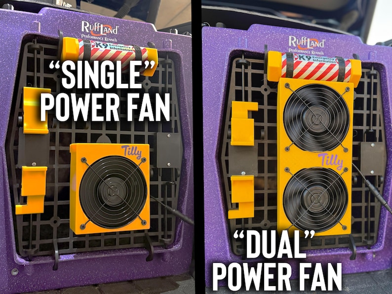 Side-by-side comparison of single and dual dog crate fans installed on a purple Ruffland Performance Kennel. Both fans feature custard yellow 3D-printed housings personalized with the name “Tilly” and securely mounted using bolt-on hardware. The single fan offers compact airflow, while the dual fan provides increased ventilation for pets during travel or daily crate use. Ideal for showcasing airflow options for dog crate cooling systems.