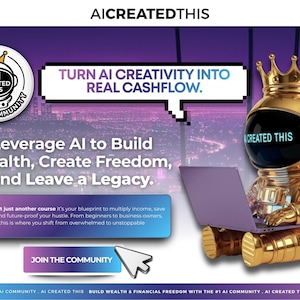 May include: A digital graphic promoting AI-related services. The image features a gold astronaut with a laptop, a speech bubble with text, and a call to action button. The text includes "AI CREATED THIS" and "TURN AI CREATIVITY INTO REAL CASHFLOW."