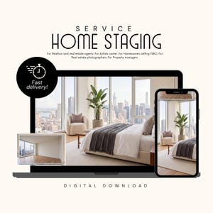 May include: Digital advert for home staging services. A laptop and smartphone display a staged bedroom with a city view. Text includes "SERVICE HOME STAGING" and "Fast delivery!" for realtors and property managers. Digital download.