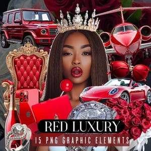Puede incluir: Una colección de 15 elementos gráficos de lujo rojo, que incluyen un SUV rojo, un avión privado, un trono, un reloj de diamantes, un coche deportivo rojo convertible, un ramo de rosas rojas, un lápiz labial rojo, un teléfono rojo, un anillo de diamantes rojo y una piruleta roja. El texto "RED LUXURY 15 PNG GRAPHIC ELEMENTS" se muestra en la imagen.