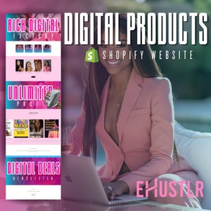 May include: A woman in a pink blazer is working on a laptop computer. The laptop screen displays a website with the text "Digital Products" and "Shopify Website". The website also features a pink and white graphic with the text "Rich Digital Factory" and "Unlimited Profit".