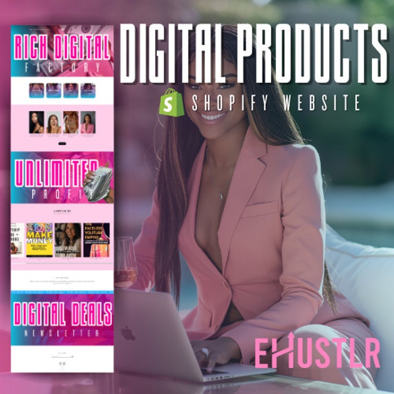 May include: A woman in a pink blazer is working on a laptop computer. The laptop screen displays a website with the text "Digital Products" and "Shopify Website". The website also features a pink and white graphic with the text "Rich Digital Factory" and "Unlimited Profit".