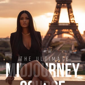 May include: A woman in a black dress sits on a stone ledge in front of the Eiffel Tower. The text "THE ULTIMATE MIDJOURNEY COURSE" is superimposed on the image.
