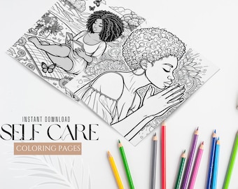 20 Self Care Coloring Pages | INSTANT DOWNLOAD | African American Art | Digital Prints Coloring Pages | Relaxing Adult Activity |