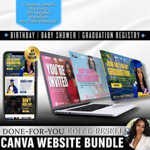 May include: A laptop computer with three website mockups displayed on the screen. The mockups are for a birthday, baby shower, and graduation registry. The text on the mockups reads "Join me for my graduation!" and "You're Invited". The text on the laptop reads "Done-for-you edit & resell Canva website bundle".