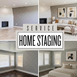 以下が含まれることがあります： ホームステージングを紹介するインテリアデザイン画像のコラージュ。画像には、暖炉のあるリビングルーム、モダンなソファ、ベッドとアートワークのあるベッドルームが含まれています。「SERVICE HOME STAGING」というテキストが表示されています。