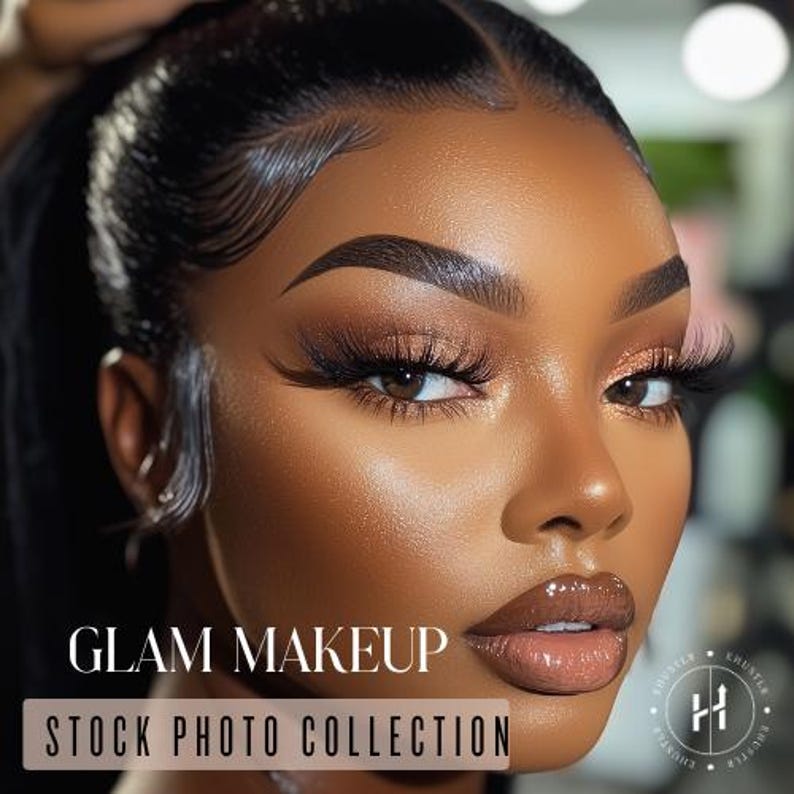 May include: Close-up of a person's face with glam makeup. The person has dark skin and is wearing false eyelashes, eyeshadow, and lipstick. The image is captioned "GLAM MAKEUP STOCK PHOTO COLLECTION".