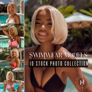 以下が含まれることがあります： ブロンドの髪をした女性がさまざまな水着を着ている、10枚のストック写真のコレクションです。写真は、プールと緑豊かな植物のある熱帯の場所で撮影されています。画像には、「Swimwear Models 10 Stock Photo Collection」というテキストが表示されています。