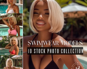 Swimwear Stock Photos | AI Bikini Model | Blonde Beach Babe | African American Women Vacation Travel Images | Black Women Poolside