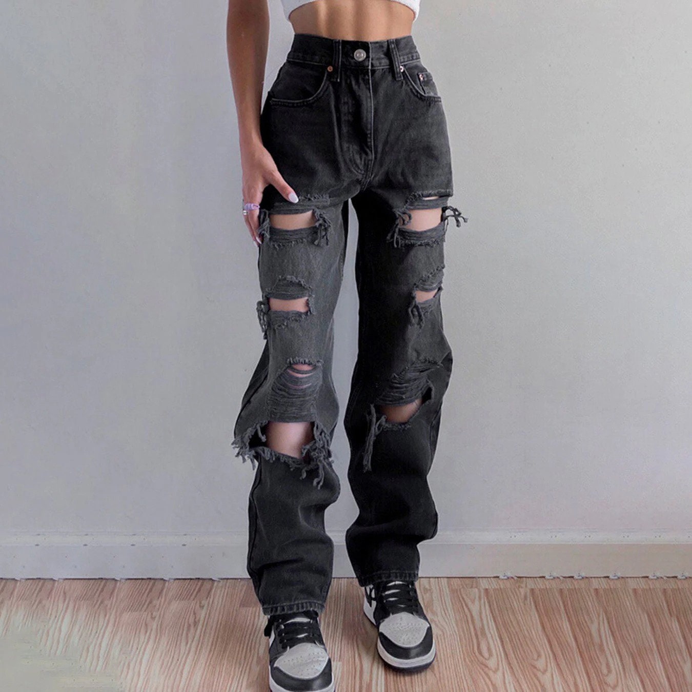 Black Ripped High Waist Jeans for Women Vintage Clothes Y2k - Etsy