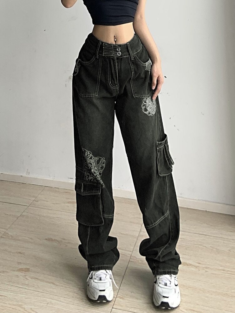 Cheap Grunge Patchwork Black Jeans Women Hip Hop Trousers Streetwear 90s  Print Pants  Joom