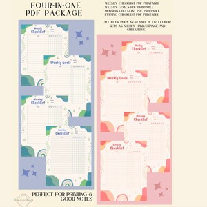 May include: Four printable checklists in a PDF package: Weekly Checklist, Weekly Goals, Morning Checklist, and Evening Checklist. The checklists are designed with a colorful abstract background and are available in two color sets: pink/orange and green/blue.