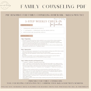May include: A printable worksheet for family counselors, titled "3-Step Weekly Check-In for Families." The worksheet focuses on helping clients practice communication skills between sessions. The worksheet is blurred to protect the resource, but the purchased PDF will be unblurred.