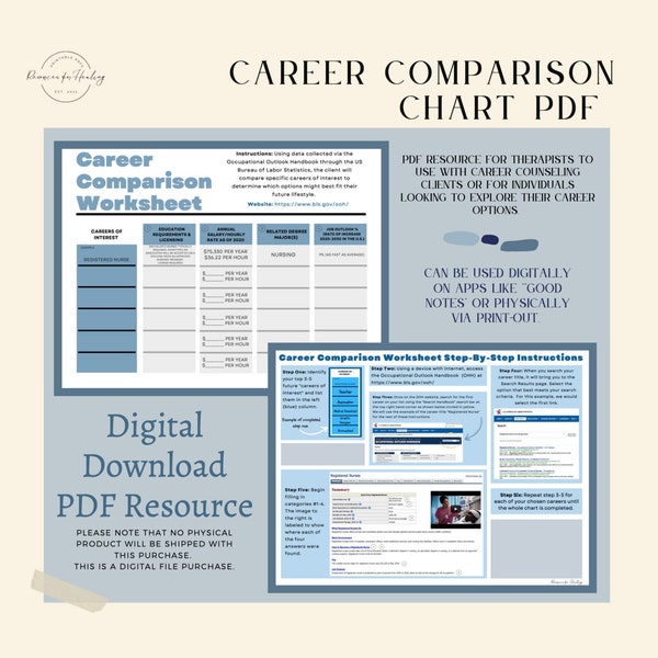 Career Comparison Chart Handout PRINTABLE | Occupation Exploration PDF for Career Counseling | 2022 Graduate Career Planning |