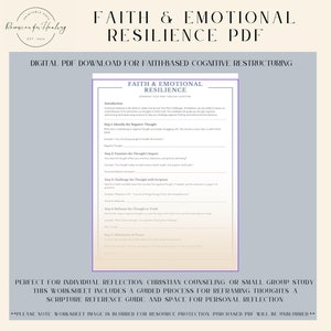Könnte beinhalten: Ein druckbares Arbeitsblatt mit dem Titel "Glaube & Emotionale Widerstandsfähigkeit" mit einem verschwommenen Bild des Arbeitsblatts. Das Arbeitsblatt ist ein Leitfaden für die auf Glauben basierende kognitive Umstrukturierung und umfasst Schritte zur Identifizierung negativer Gedanken, zur Untersuchung ihrer Auswirkungen, zur Infragestellung durch die Schrift, zur Umformulierung in Wahrheit und zu Affirmationen und Gebeten.