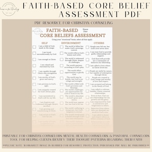 May include: A printable PDF worksheet for Christian counselors and pastoral counselors. The assessment helps clients identify thought patterns regarding their faith. The worksheet includes sections on self, environment, and others.