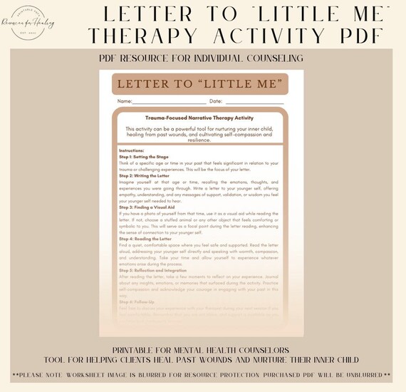 Letter to "Little Me" Narrative Therapy Handout PRINTABLE | Inner Child Healing PDF | Mental Health | Trauma-Focused Worksheet for Therapy |