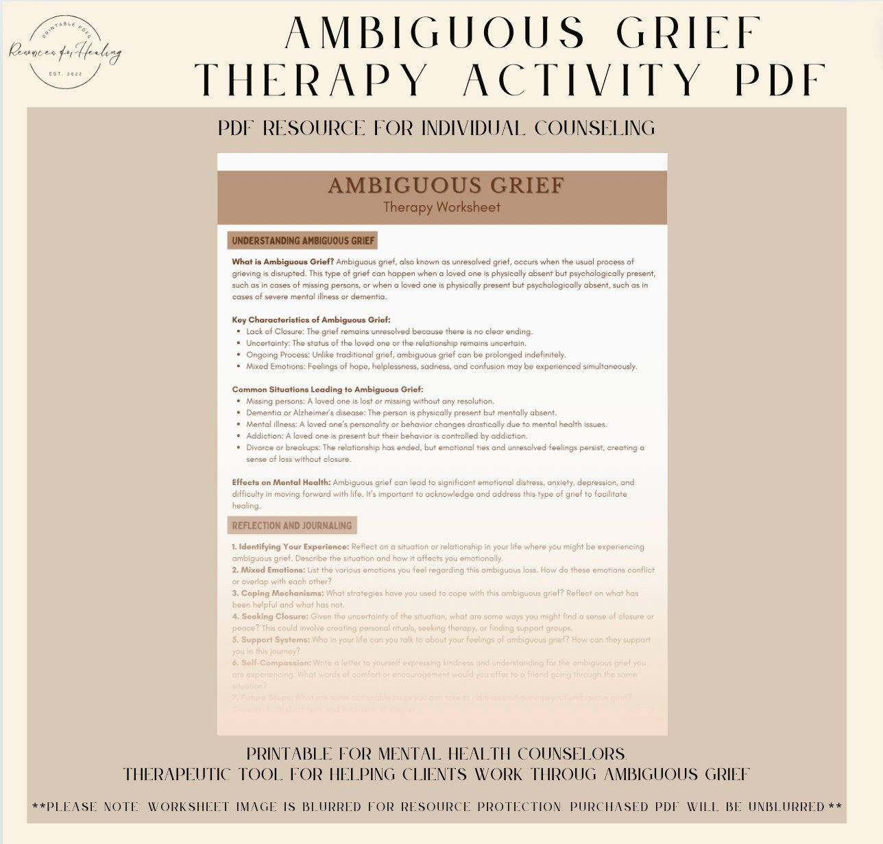 Ambiguous Grief Therapy Handout PRINTABLE | Grief and Loss PDF | Mental Health | Homework Journaling Worksheet for Therapy |
