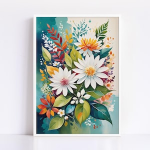 Vibrant Floral Watercolor Art with White Daisies and Colorful Accents, Bold Botanical Illustration, Maximalist Instant Download Wall Art