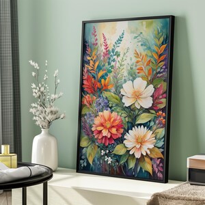 Colorful Watercolor Bouquet, Vibrant Floral Wall Art, Wildflower Bouquet Printable Art, Living Room Wall Decor