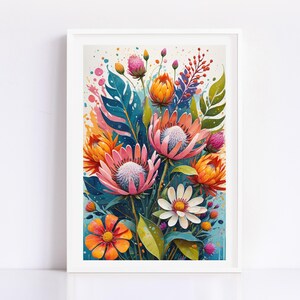 Vibrant Protea Watercolor Art, Bold Botanical Illustration, Colorful Floral Wall Art, Maximalist Instant Download Artwork, Modern Painting