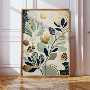 Abstract Botanical Wall Art, Modern Nature Poster, Sage Green and Gold Leaf Print, Elegant Wall Decor, Instant Download Art