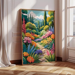 Colorful Botanical Wall Art, Abstract Garden Illustration, Vibrant Nature Scene Artwork, Bold Floral Digital Print, Joyful Scenery Painting