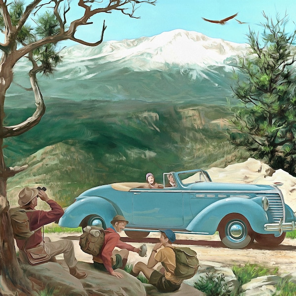 Hudson eight convertible coupe 1938 à pikes peak Colorado, peinture sur poster.