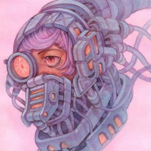 Cyborg Girl Acquerello Tecnica Mista Originale (Versione Blu-Rosa)