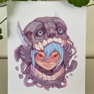 Impresión de acuarela de 8 x 10 con diseño de calavera robot, ciencia ficción y cyberpunk