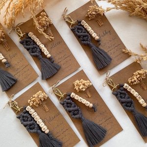 A personalized gift card for you. Key chain made of macrame thread. Used as wedding gift, birthday gift, welcome gift, Bachelorette Party. Will you be my Bridesmaid, Bachelorette Party Gifts for Bridesmaids ,The name and date are written on the card.