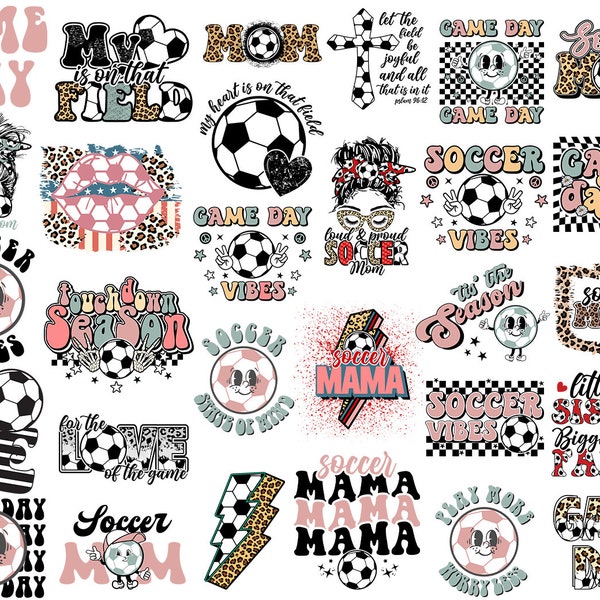 Soccer svg png bundle Game day Vibes retro Soccer Mom Sports mama messy skull Season Love Heart Field Leopard bolt shirt Design