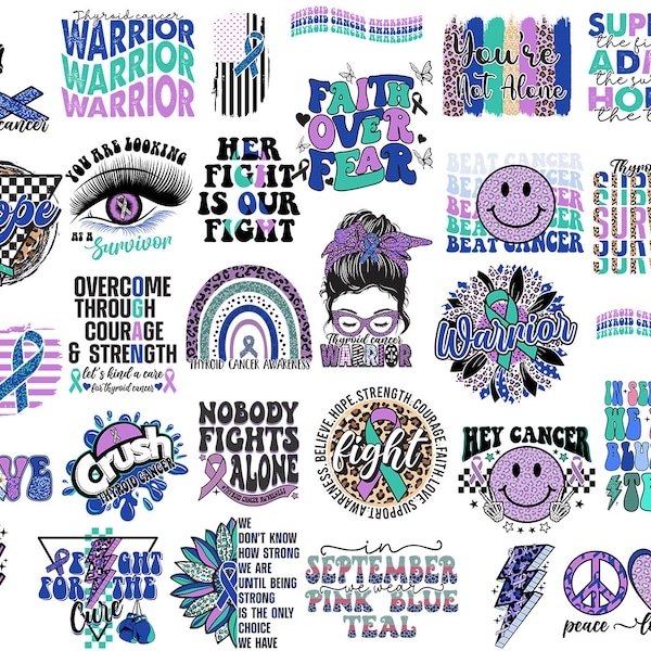 Thyroid Cancer Svg Png Bundle Stronger Than Storm Faith Over Fear Peace Love Cure Thyroid Cancer Awareness Warrior Messy bun Retro