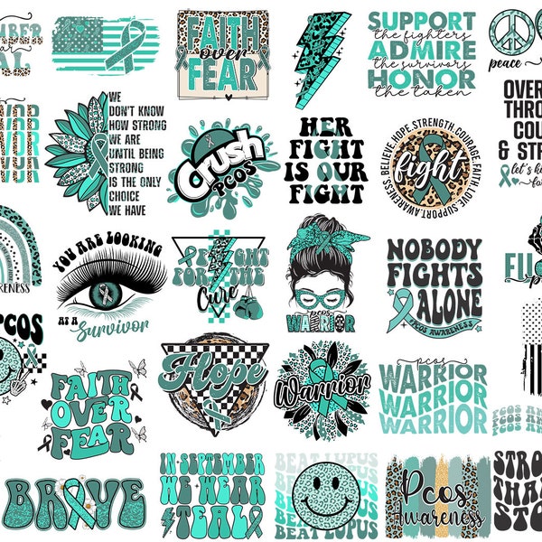 PCOS Svg Png Bundle Faith over Fear Nobody Fights Alone Peace Love Cure PCOS Survivor Warrior Messy Bun Ribbon September Wear Teal
