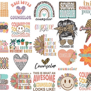 School Counselor Svg Png Bundle Retro Counselor Life Messy Bun Back To School Leopard Print Blessed Love Badass Counselor Stroke