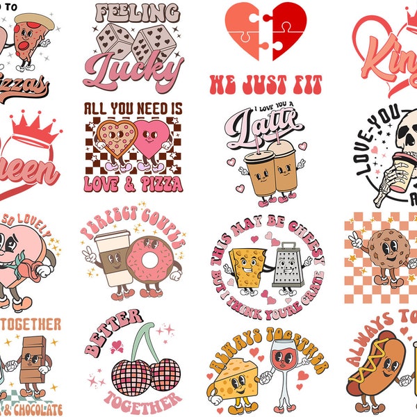 Retro Couple Valentine Svg Png Bundle King Queen Better Always Together Love Latte Pizzas Milk And Chocolate Disco Cherry Heart Skull