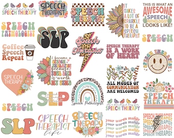 Speech Therapy Svg Png Bundle Speech Language Pathologist Work Of Heart Motivational Quotes Coffee Speech Repeat SLP Life Rainbow Floral