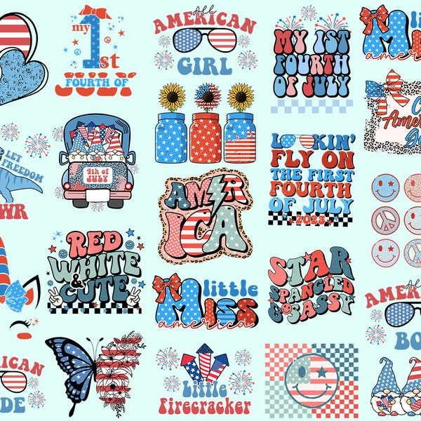 Kinderen 4 juli SVG PNG bundel retro Little Miss Amerikaanse jongen meisje voetzoeker mijn 1e patriottische rood wit schatje vrijheid Rawr ster spangled