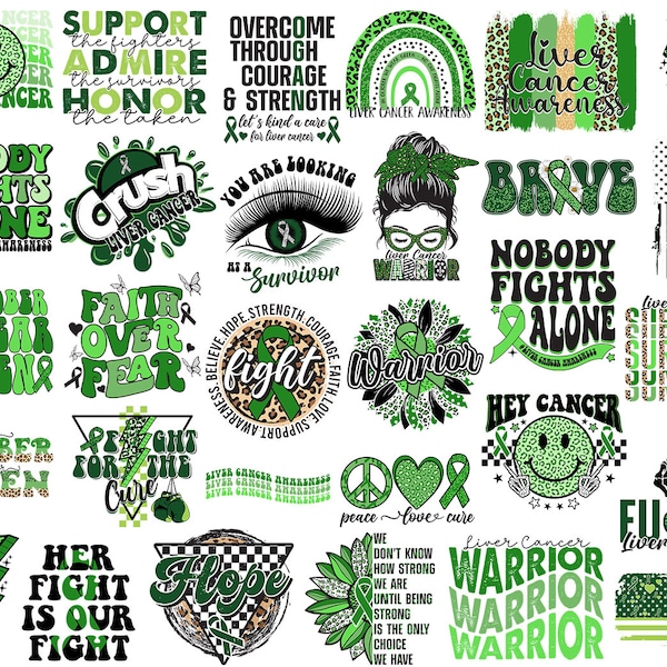 Liver Cancer Svg Png Bundle Nobody Fights Alone Brave Support Hope Fight For The Cure In October Wear Green Messy Bun Leopard